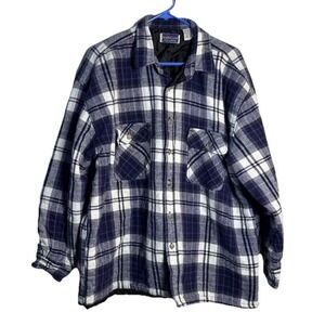 Vintage NorthCrest XL Blue Plaid Quilted Flannel Shirt‎ Jacket Shacket 46-48